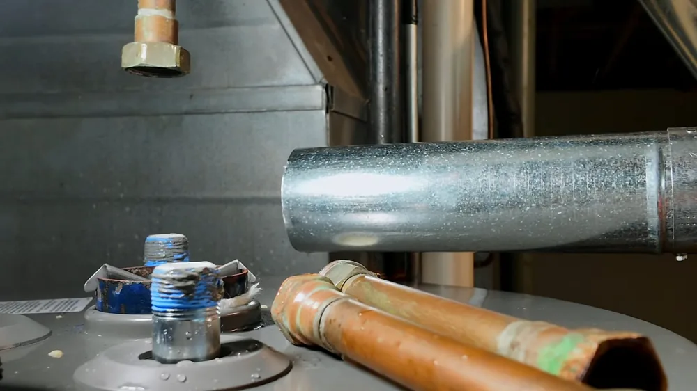 Copper supply pipes and a metal flue above a tank water heater