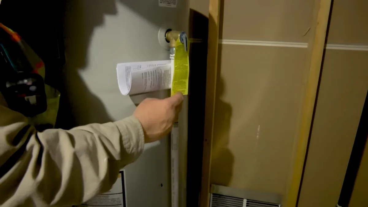 Hand holding a yellow tag and a folded instruction booklet against the front of a water heater closet