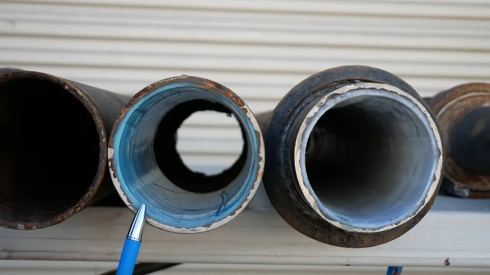 Three cut sections of old pipe, two of them showing a light liner layer inside the metal wall