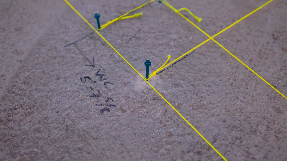Marked floor with yellow string lines and a handwritten measurement for a plumbing route