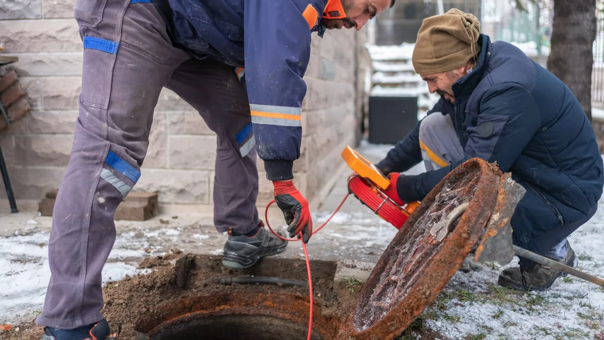 Two workers kneeling at an opened round sewer access cover beside a brick house in winter