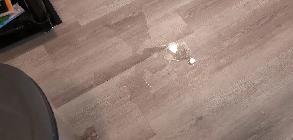 Small puddle of water on a gray plank floor near a dark appliance