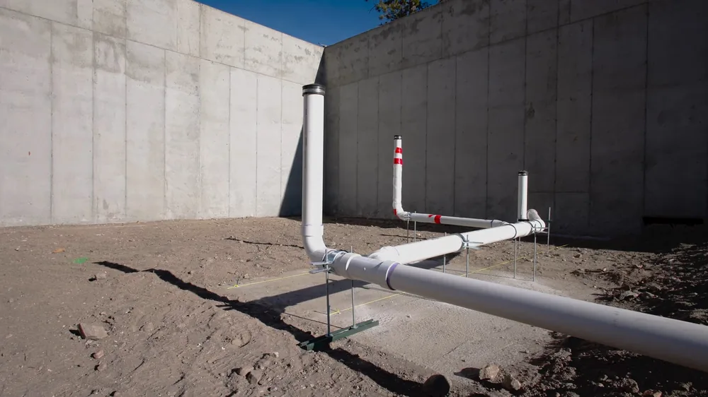 White PVC drain pipes with red tape markers laid on bare soil against a tall concrete wall